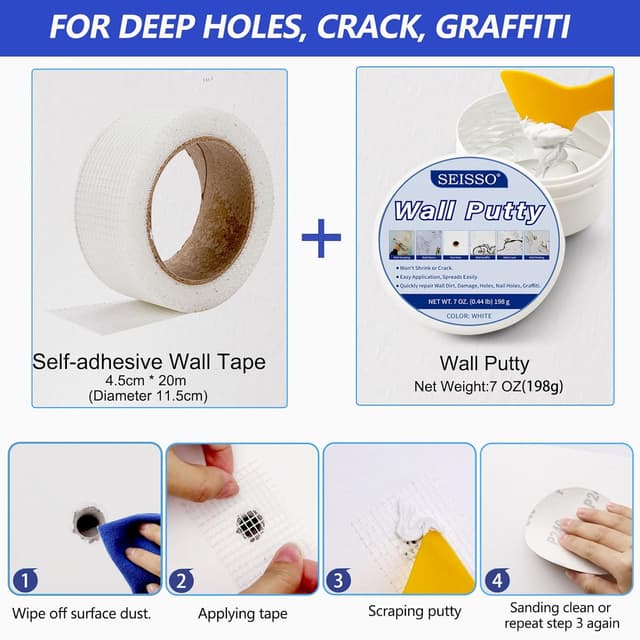 Detalle de SEISSO set stucco riparatore per muro: 2x 250g + 200g, nastro autoadesivo e toppe per riparazioni