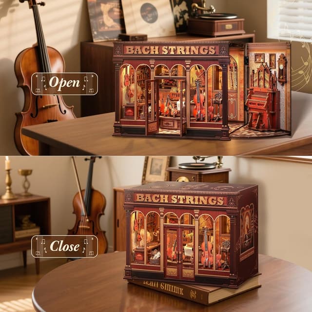 Detalle de CUTEBEE Book Nook Kit „Bach Strings“ – DIY-Musikbuch-Nische aus 3D-Holzpuzzle mit Anleitung