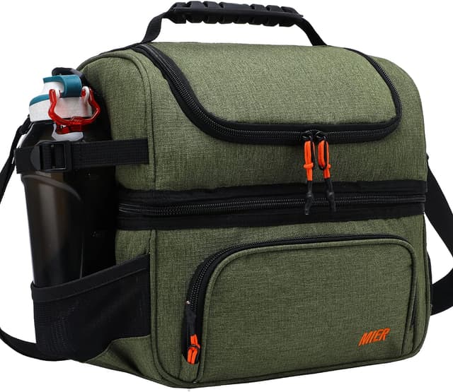 Detalle de MIER Dual Compartment Lunch Bag Tote (Army Green) — Insulated, Leakproof Cooler Tote