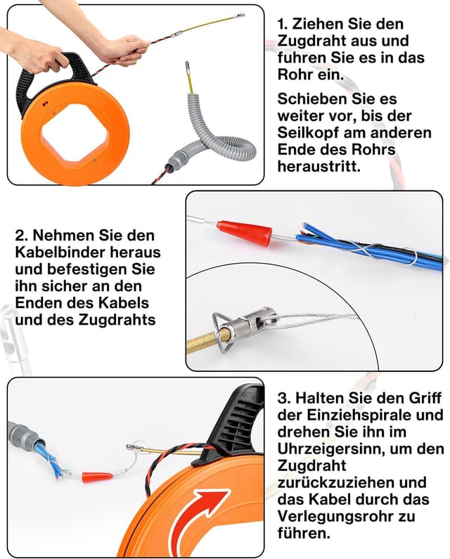 Thumbnail 6 de Lytool Aide à l’extraction enfile-câbles en fil spiralé 30 m (câble renforcé 5 mm) avec tête à roulette et ressort