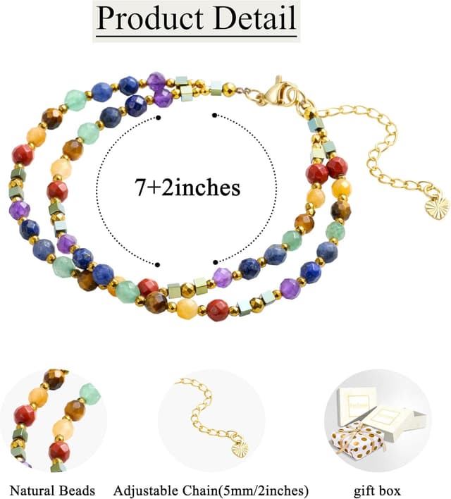 Detalle de Bracelet femme spirituel Farfume avec 7 pierres naturelles (Agate rouge, Œil de tigre, Topaze, Aventurine verte, Lazurite, Sodalite, Améthyste) perles 4 mm