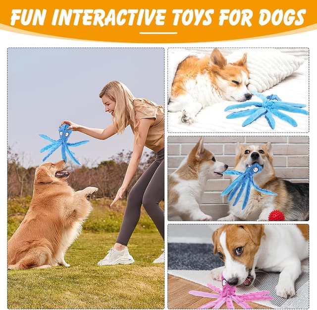 Detalle de RAYITO Octopus Dog Toys no-stuffing squeaky plush with crinkle paper (Purple/Blue) for small to medium dogs