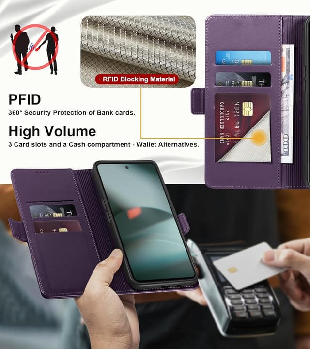 Detalle de Yunubeyii Handyhülle für Nothing Phone (3) – RFID-Blocker, Kartenhülle mit Magnetverschluss, Klapphülle mit Ständer (lila)