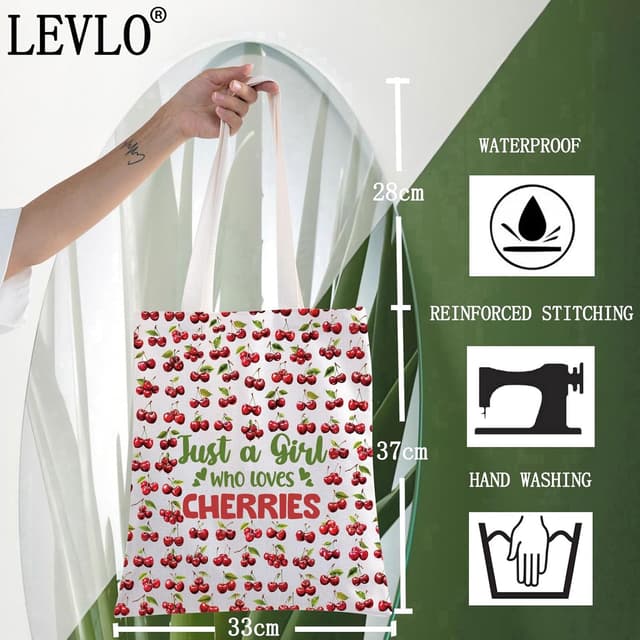 Detalle de LEVLO Funny Cherry cotton canvas cosmetic bag – “Just A Girl Who Loves Cherries” zip pouch