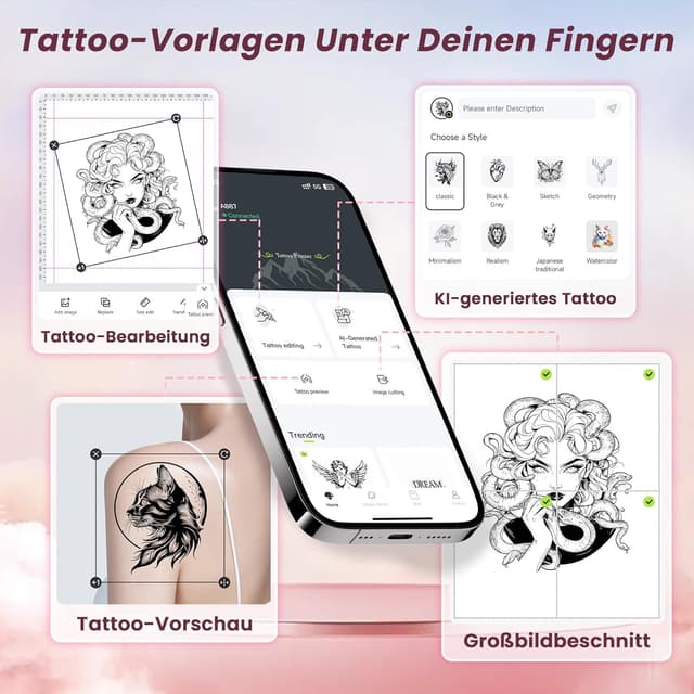 Detalle de TATTMUSE Tattoo Drucker Bluetooth A887 – Schablone für Tattoo Transfer, inkl. 10 Papier (rosa)
