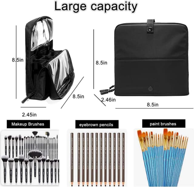 Detalle de STORICANS Makeup Brush Organiser Bag with Stand-up Design and Adjustable Dividers