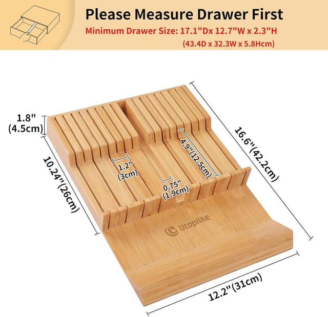Thumbnail 2 de Utoplike In-drawer Knife Block 16-slot Bamboo Organizer