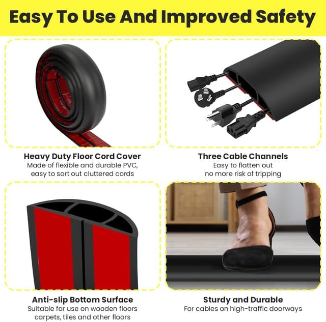 Detalle de Adiwo Boden-Kabelbrücke (2 m) mit 3 Kabelkanälen – PVC-Kabelschutz gegen Stolperfallen, Schwarz