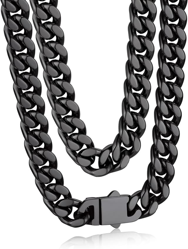 Detalle de Bandmax Panzerkette Herren aus Edelstahl (316L) 5/7/9/12 mm – kubanische Gliederkette schwarz mit auswahlbarer Länge