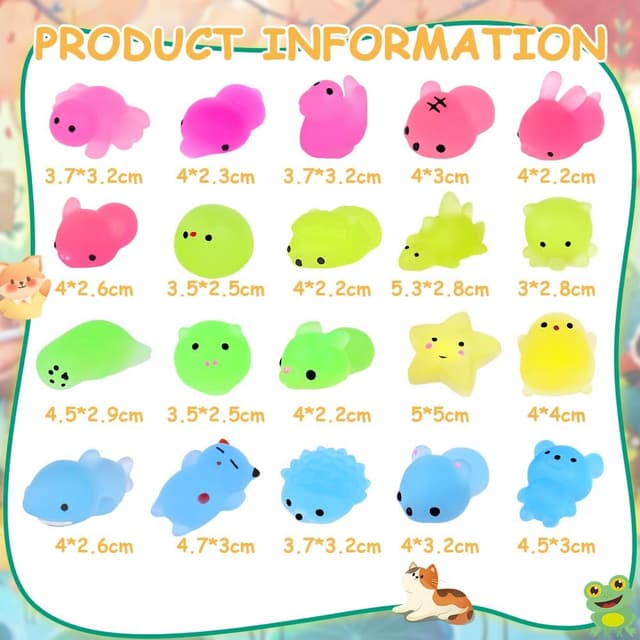 Detalle 2 de Ainiv 24PZ Squishy fluorescenti antistress in TPR (24 pezzi) per bambini, kawaii, da spremere