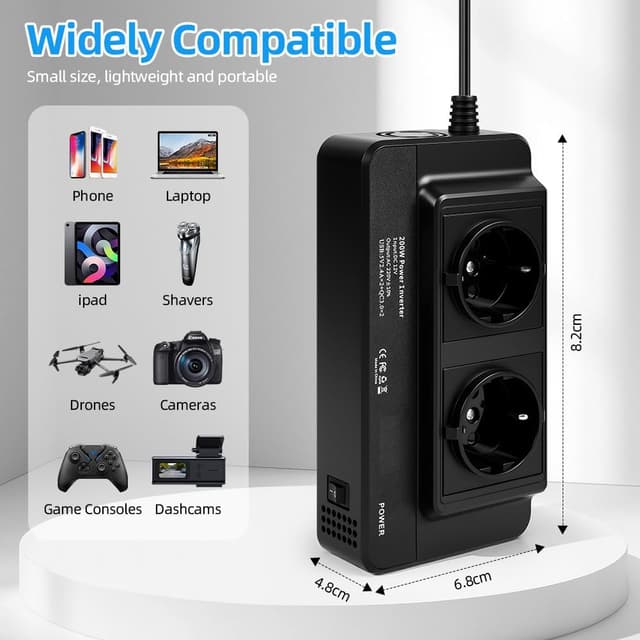 Detalle de URAQT Convertisseur 12V CC vers 230V CA 200W pour voiture avec 2 prises AC et 4 ports USB (QC 3.0)