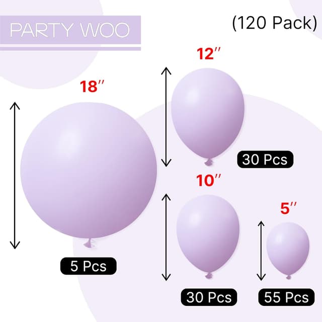 Thumbnail 6 de PartyWoo Lavender Balloons 120pcs Mixed Sizes Balloon Arch Kit (18, 12, 10 & 5 Inch) — Light Pastel Purple Lilac