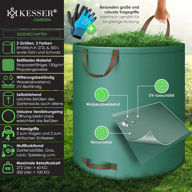 Detalle 2 de KESSER® Gartensack 3x 272L Set Laubsack inkl. Handschuhe – selbststehend, robust & faltbar