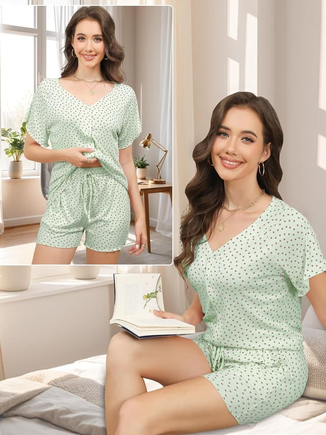 Detalle de Reliwel Damen-Schlafanzug Kurzarm mit Knopfleiste aus Baumwolle – V-Ausschnitt Shorty-Set mit Taschen