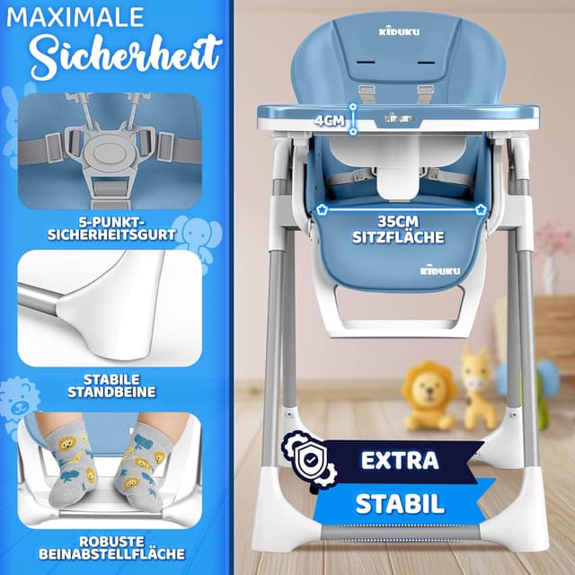 Detalle de KIDUKU Hochstuhl Baby 3in1 klappbar mit Liegefunktion, Neugeborenenaufsatz und Spielbogen (0–36 Monate)