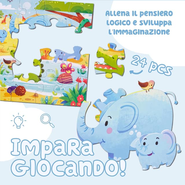 Detalle de Baroni Toys Puzzle per Bambini “Animali” da 24 pezzi (3+) in cartone, 44x31 cm