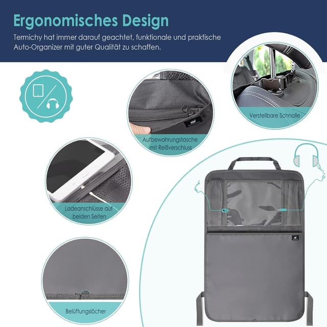 Detalle 2 de Termichy Rückenlehnenschutz fürs Auto mit Organizer & wasserdichtem Schutzplane – für Kinder, Rücksitz (1 Stück) grau