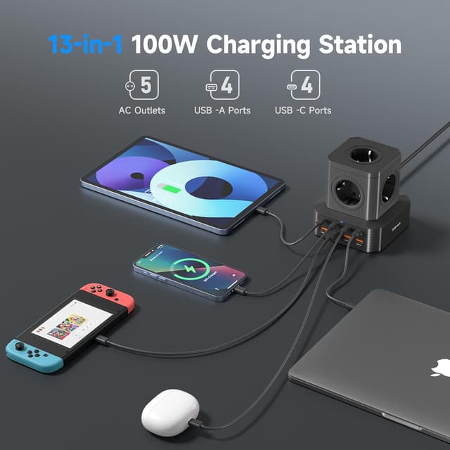 Detalle 2 de TOPREK 100W Multiprise USB Cube 13 en 1 avec 8 ports USB et 5 prises AC, câble 2 m