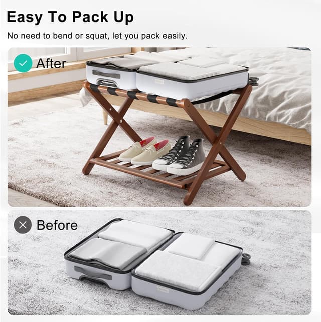 Detalle de Smuxee Fully Assembled Walnut Luggage Rack with Shelf and 5 Nylon Straps (Foldable)