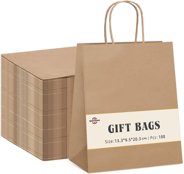 Detalle de Switory 100 Stück Papiertüten mit Henkel aus Kraftpapier (13,3 x 9,5 x 20,3 cm) für Geschenke, Party & DIY