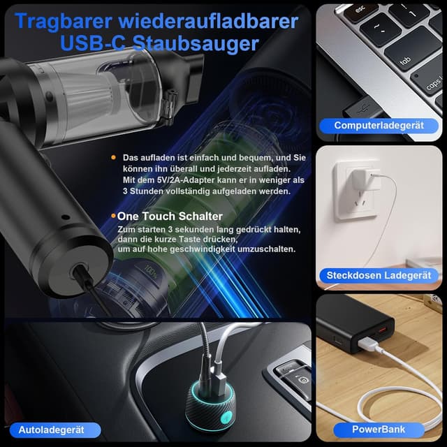 Detalle de Ludunbuy Handstaubsauger 26000 Pa (4-in-1), kabellos mit Digitalanzeige & 3 Stufen
