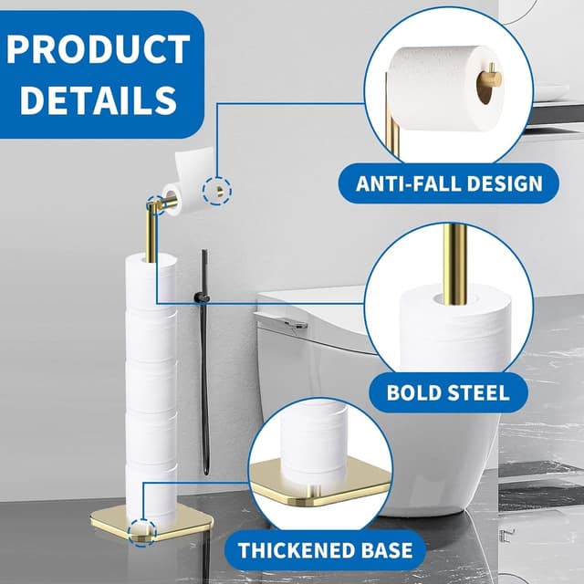 Detalle de Free Standing Stainless Steel Toilet Roll Holder Stand (Heavy-Duty Base) for 6 Rolls — Golden Chrome Finish