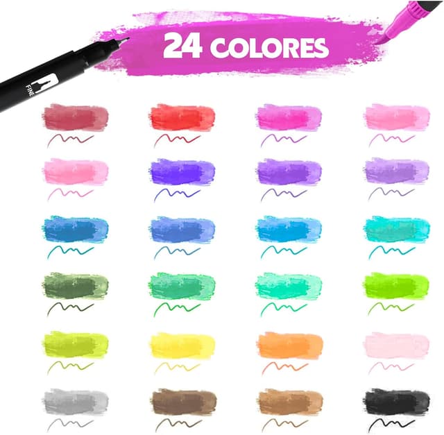 Detalle de FORETOY Dual Brush Pen Set (24 Farben) – mit Fineliner-Spitze 0,4 mm und Pinselspitze 1–2 mm