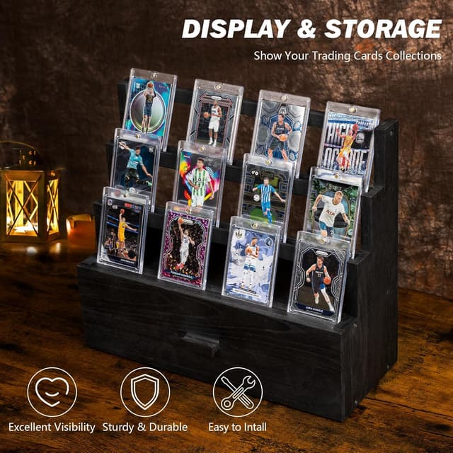 Detalle de Emfogo 3-Tier Rustic Trading Card Display Case with Custom Drawer (Black)