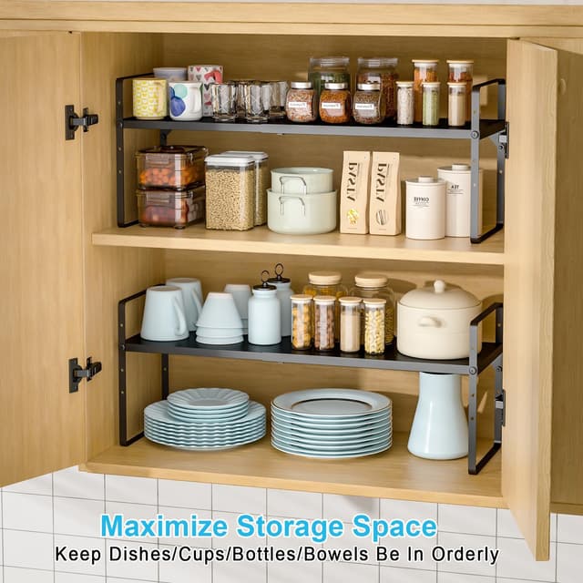 Detalle 2 de 15.5–25.5 Inch Expandable Kitchen Cabinet Organizer Shelf (2-Pack) — Adjustable, Stackable Counter Storage Racks