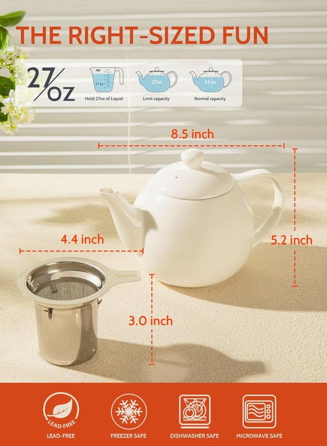 Detalle de Sweese Teapots for Tea (27 oz) Porcelain Teapot with Removable Stainless Steel Infuser, White
