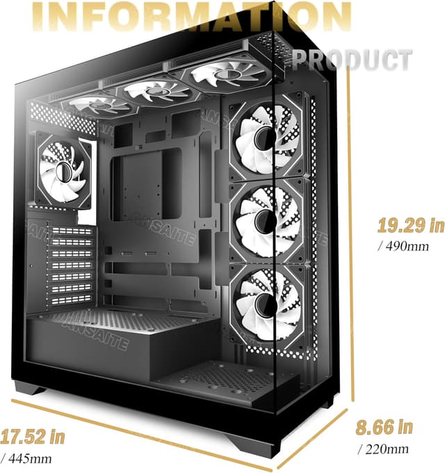 Detalle 2 de ANSAITE C9 PC Case (ATX Mid Tower) with 7×120mm PWM ARGB Fans, Panoramic 270° Tempered Glass, USB Type C, Black