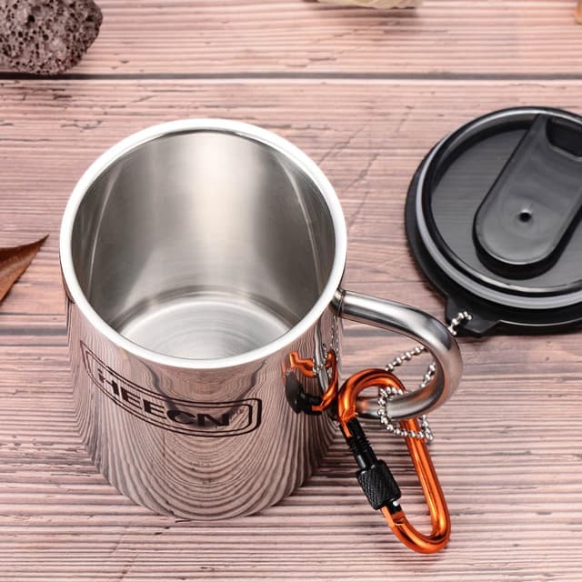 Detalle de HEECN HESS038BBK400 – Tazze da campeggio in acciaio inox a doppia parete con coperchio, moschettone e catena