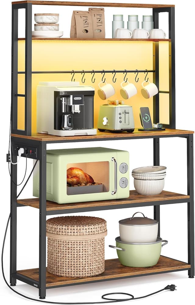 Detalle de VASAGLE Scaffale da cucina con LED KKS050KD01: microonde, multipresa e ripiani regolabili 40 x 80 x 168,4 cm