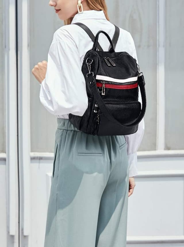 Detalle 2 de UTO Damen Rucksack aus PU Washed Leder – modischer Multifunktionsrucksack mit Doppelreißverschluss und Quastendesign