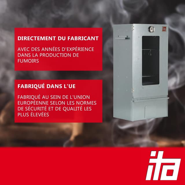 Detalle de ITA Fumoir Électrique 7000 : ensemble smoker à 3 niveaux avec chauffage, générateur de fumée et fenêtre