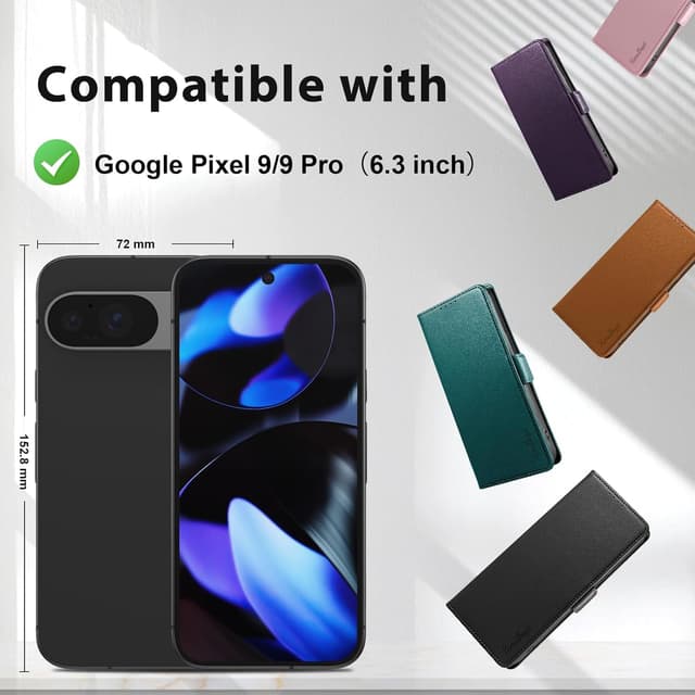 Detalle 2 de Yunubeyii Handyhülle für Google Pixel 9/9 Pro mit Kartenfächern (RFID Blocker) und Magnetverschluss – Klapphülle mit Stand, grün