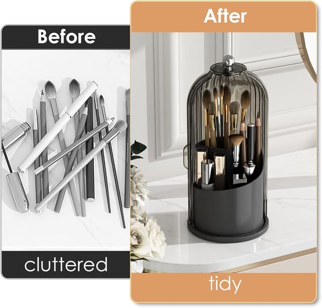 Detalle de YOOLENS Makeup Brush Holder with Lid, 360° Rotating Clear Dustproof Organizer (Black)
