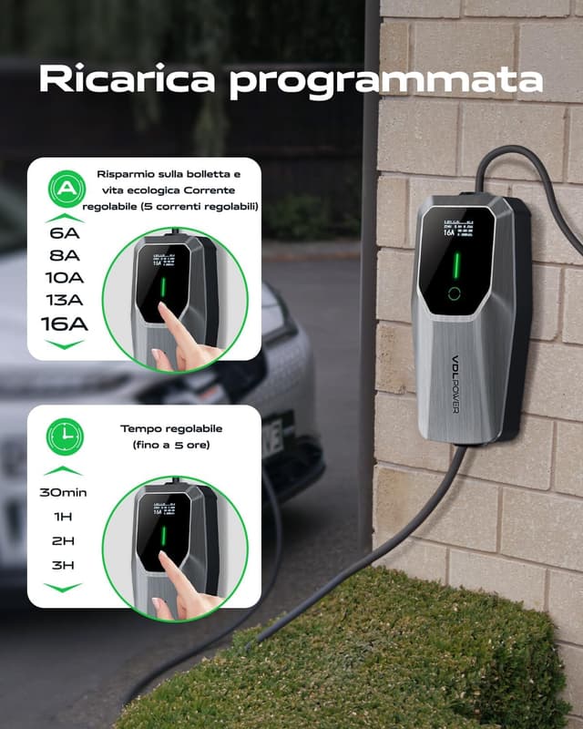 Detalle de VDLPOWEREU caricatore EV Tipo 2 3,6 kW (6–16 A) con cavo da 5 m, monofase Schuko EU, IP65