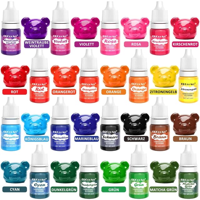 Detalle 2 de Lebensmittelfarbe Set mit 16 Farben (flüssig, hochkonzentriert) – für Kuchen, Fondant, Getränke, Slime & DIY
