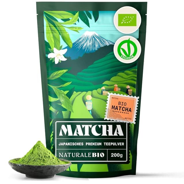 Detalle de NaturaleBio Matcha Tee Pulver Bio aus Japan (Uji, Kyoto) – 200 g für Latte, Smoothies & Matcha-Getränke