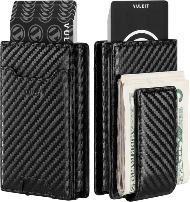 Detalle de VULKIT leather credit card holder with money clip and RFID blocking, magnetic closure