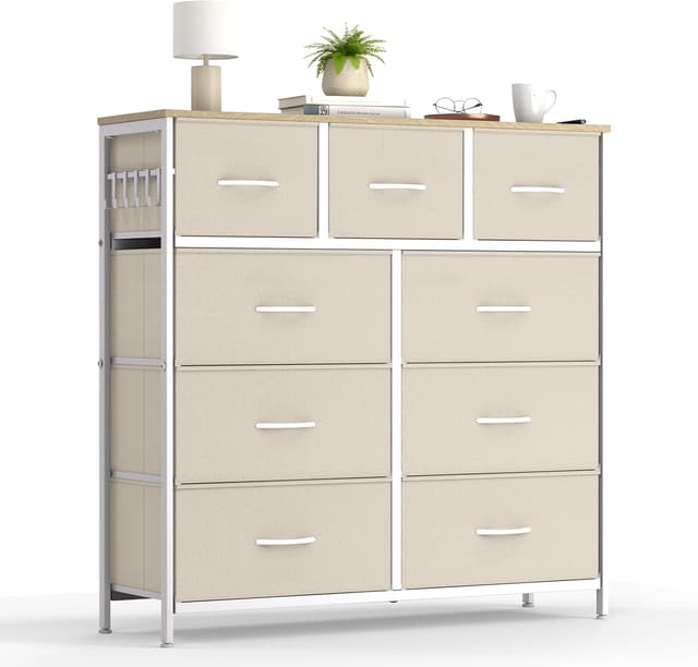 Detalle de HOKEEPER Cassettiera in tessuto con 9 cassetti, mobile salvaspazio 100x30x100 cm (beige)