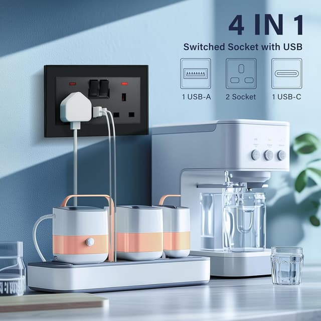 Detalle de BSEED Double 13A switched socket with 2× USB-A and USB-C (18W) and glass panel – Black, UK standard