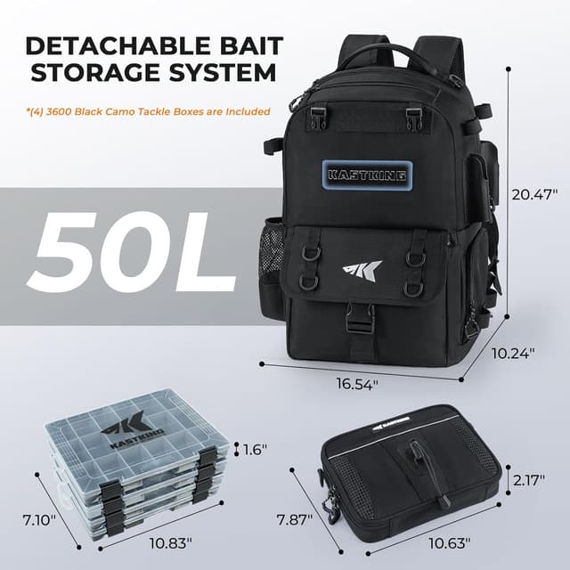 Detalle de KastKing BaitSpace 50L Fishing Tackle Backpack (Removable Bait Binder, 2 Rod Holders)