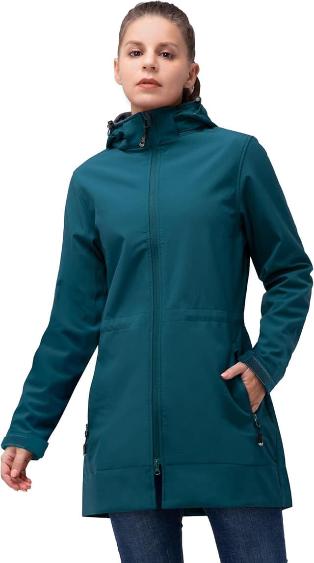Detalle de 33,000ft Softshelljacke Damen – lange wasserdichte & winddichte Übergangsjacke mit abnehmbarer Kapuze