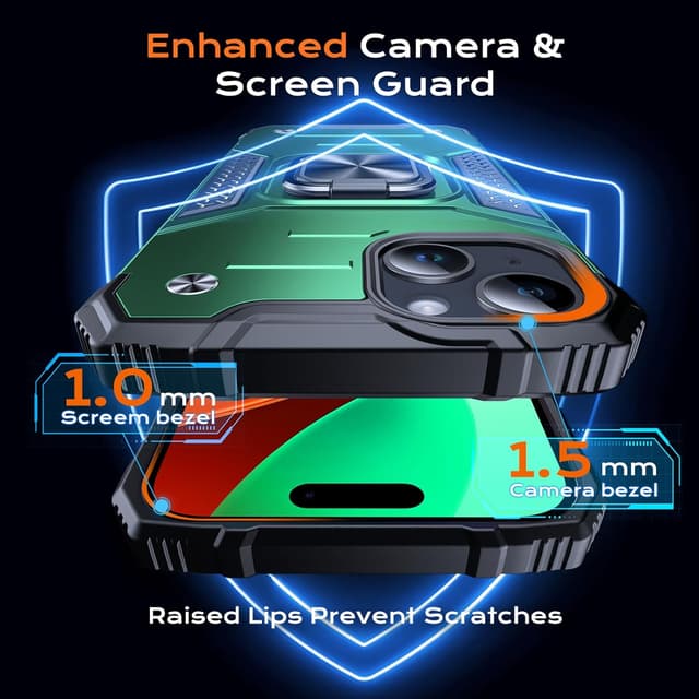 Detalle de Anqrp Armor Handyhülle für iPhone 15 mit Ringhalter und Stoßschutz (Dunkelgrün)