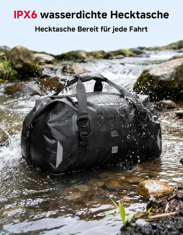 Detalle 2 de KEMIMOTO Motorrad Hecktasche 25L (IPX6) – wasserdichte Gepäckrolle mit Schnellverschlussgurten