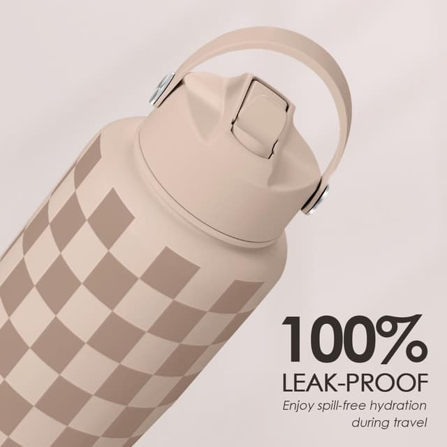 Detalle 2 de Checkerboard Water Bottle 32oz Stainless Steel with Lid & Straw (Beige Checker) — Insulated Sports Bottle