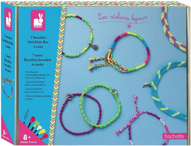 Detalle de Janod Coffret 7 Bracelets Brésiliens Fluo à Créer (Les Ateliers Bijoux) – Kit loisirs créatifs enfant dès 8 ans, J07929