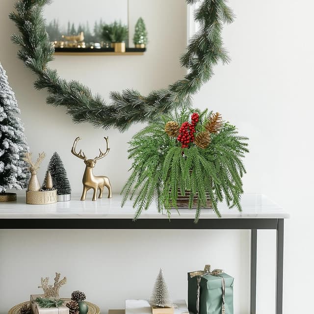 Detalle de Arborus Künstliche Weihnachts-Pflanze im Holz-Topf für Tischdeko, Fensterbank & Balkon – rustikale Landhaus-Weihnachtsdeko